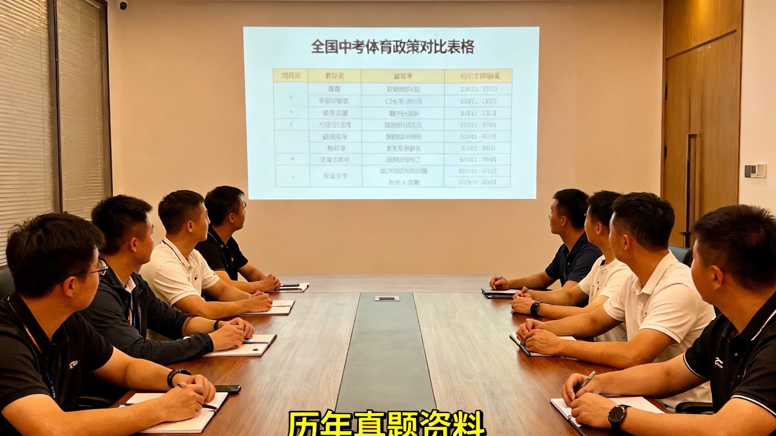 彩神教研中心的8位核心教练围坐在长桌旁，墙上投影着全国中考体育政策对比表格，桌上摆放着历年真题资料和各项目训练数据图表