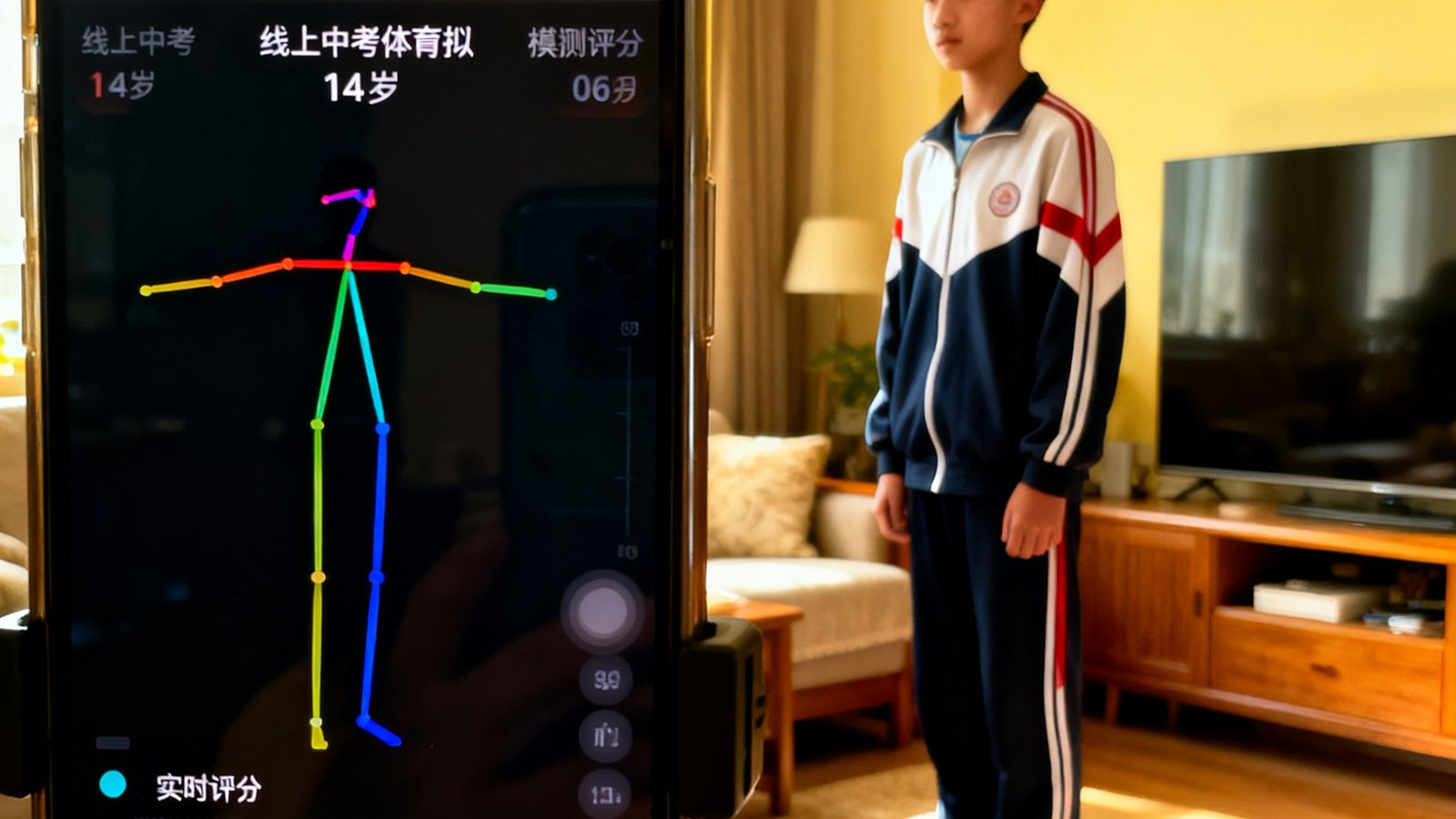 一名14岁男生在客厅对着手机屏幕进行线上中考体育模拟测评，屏幕上显示AI动作分析界面