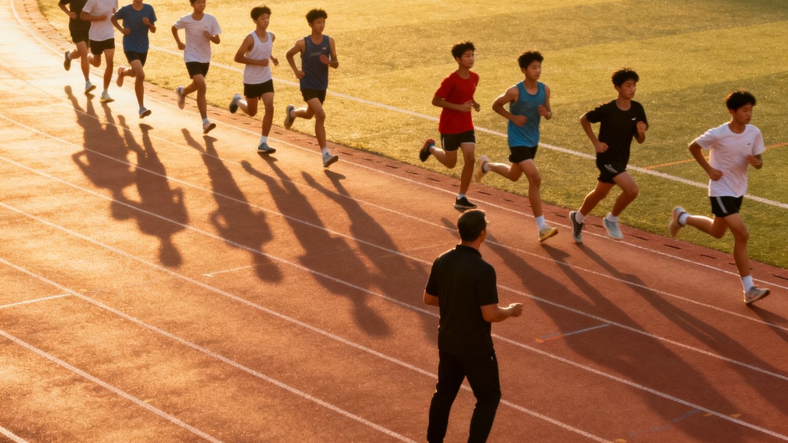 清晨的标准400米田径场上，12名中学生排成两列在教练指导下进行800米配速跑训练