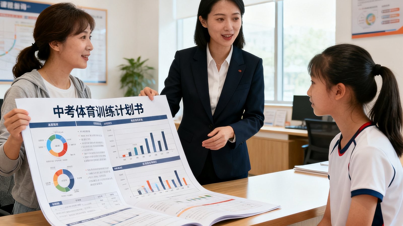 明亮的咨询室内，课程顾问向一对母女展示定制化的中考体育训练计划书