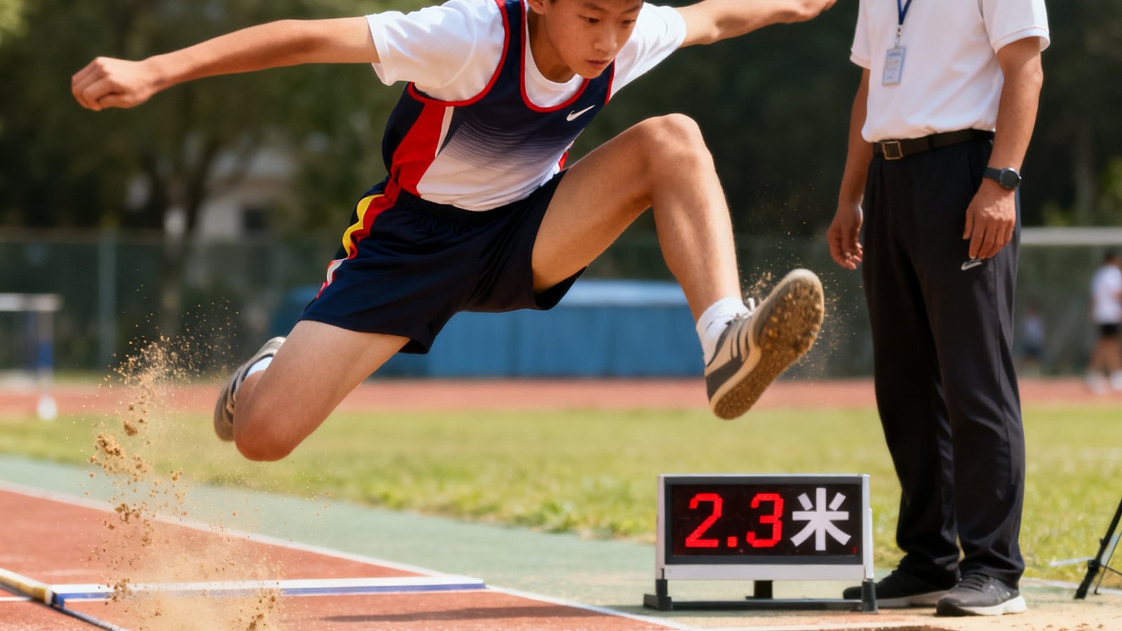 一名穿着运动服的男生在教练指导下练习立定跳远，双臂有力摆动身体在空中呈弧线，沙坑旁的测距仪显示2.3米