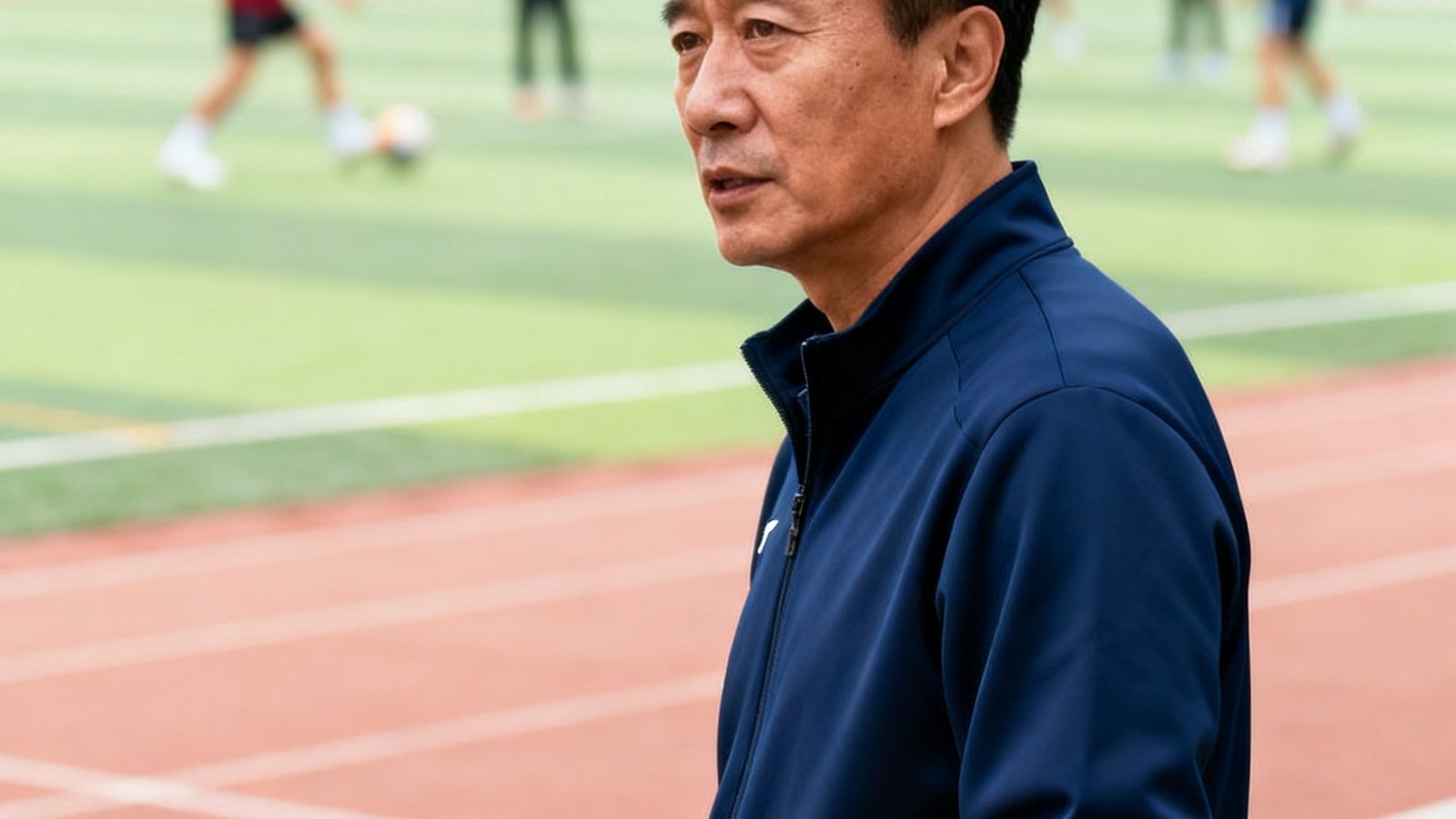 张毅总教练，48岁，前北京重点中学体育教研组长，身着深蓝色运动服站在训练场边专注观察学员动作