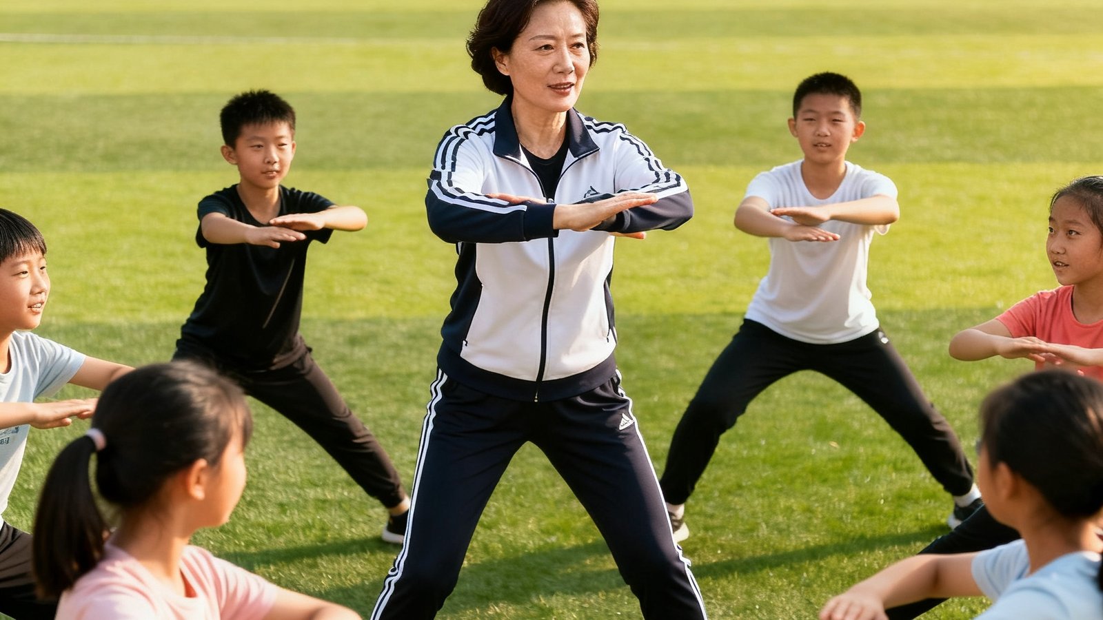 赵敏教练，40岁，国家一级社会体育指导员，带领学生在草坪上进行训练前的动态拉伸